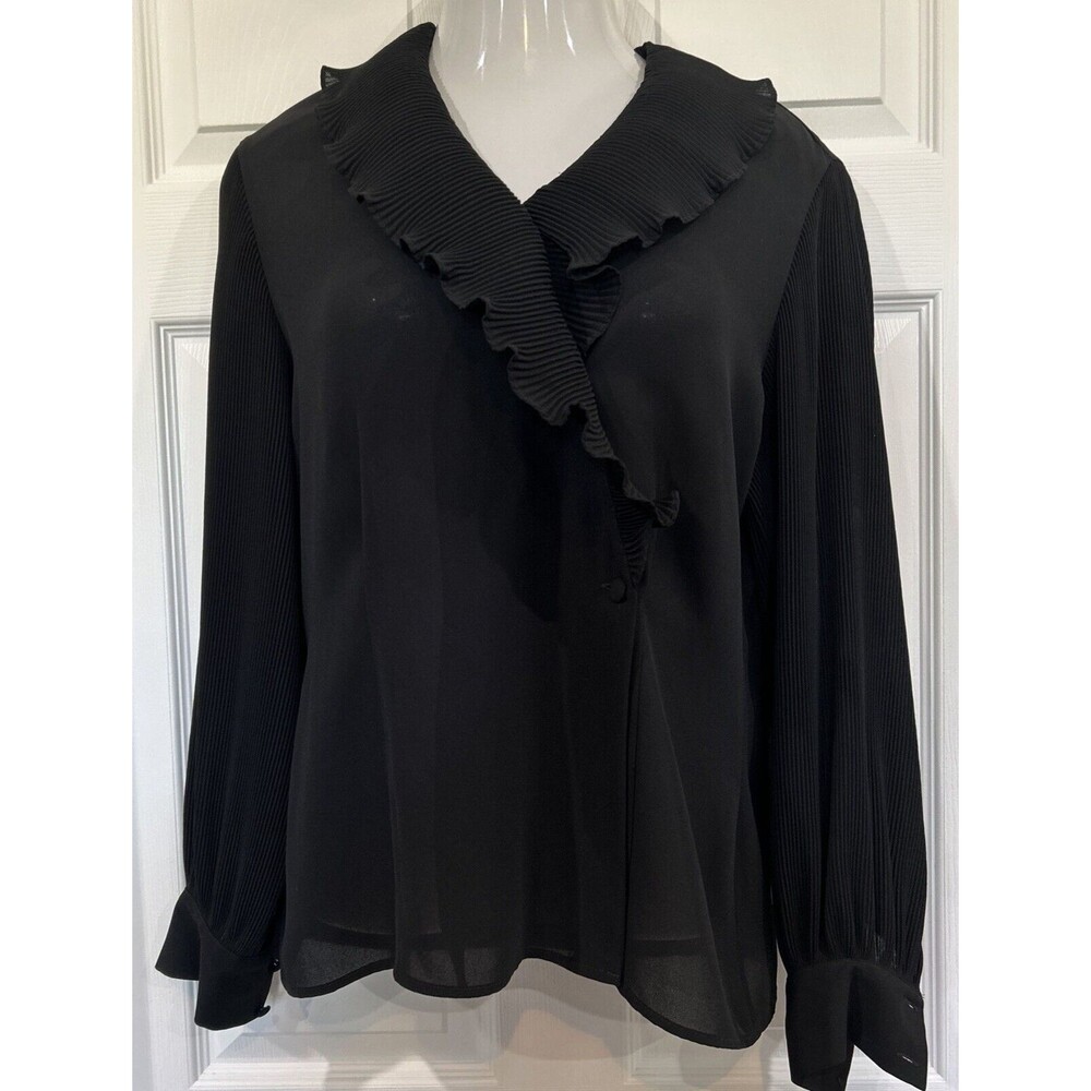 Liz Claiborne Elegant Black Mini Pleat Ruffle Neck Blouse Chiffon Women's 10